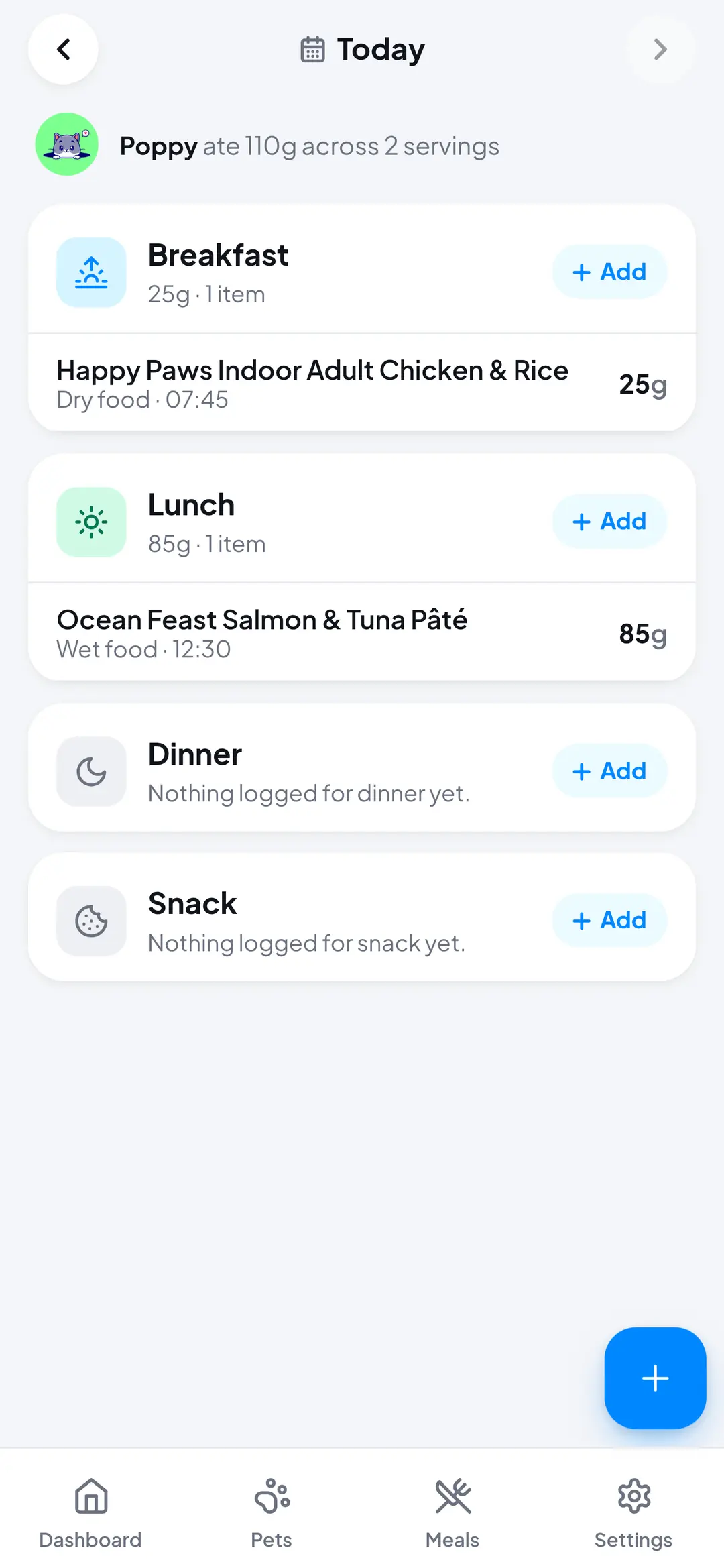 Food diary listing breakfast and lunch servings, with dinner and snack still to log