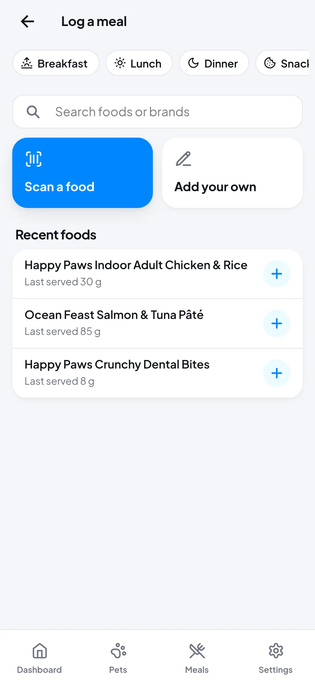 Log a meal screen with a Scan a food button, food search and recently served foods